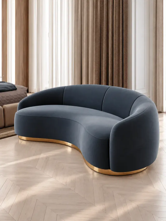 Navy curved fiber-framed sofa
