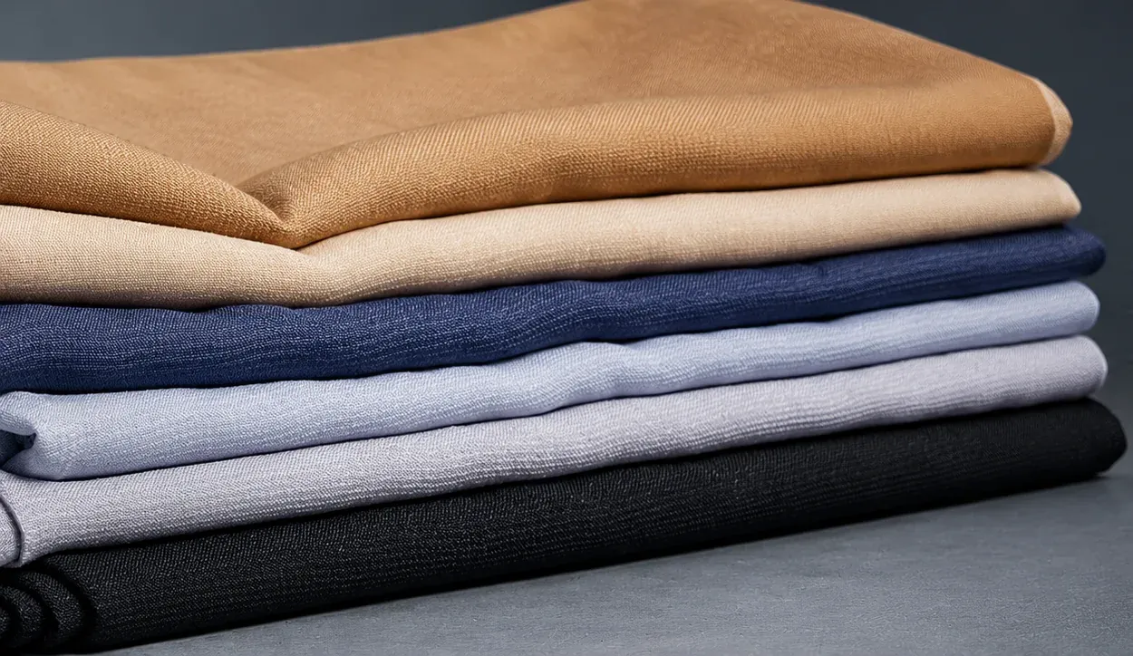 A stack of folded Suvin cotton fabric in tan, cream, navy, pale blue and black
