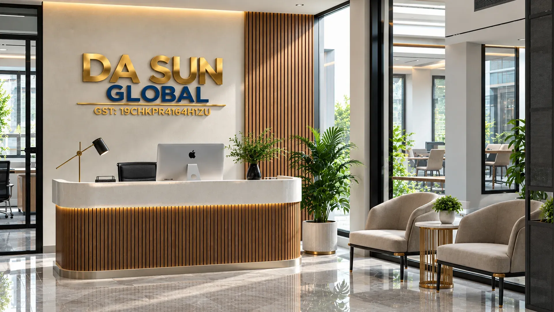 The Da Sun Global reception, with the company name in gold lettering above the desk