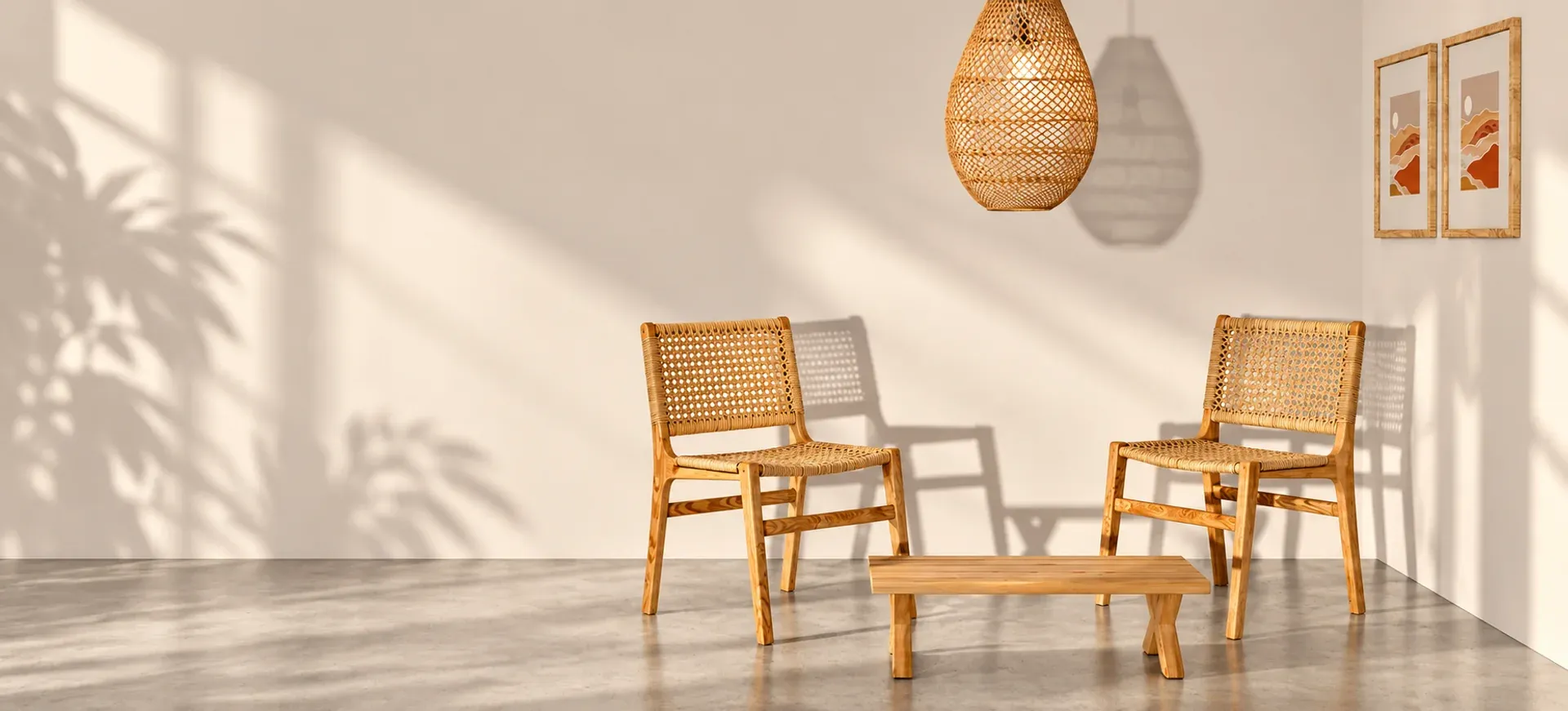 Cane and teak lounge chairs with a low bench and a woven pendant lamp in a sunlit room