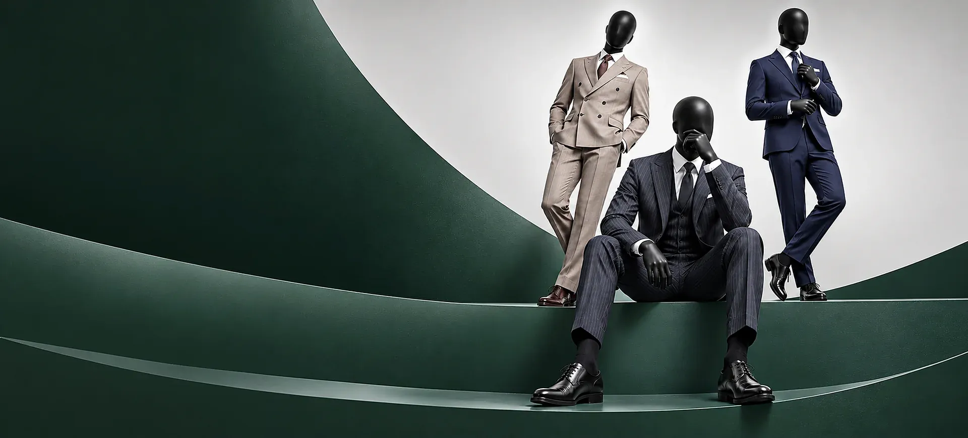 Three mannequins in tailored suits arranged across sculptural green curves